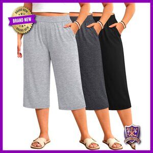Plus Size Wide Leg Capri Sweatpants 3 Pack High Waisted Yoga Pants with Pockets